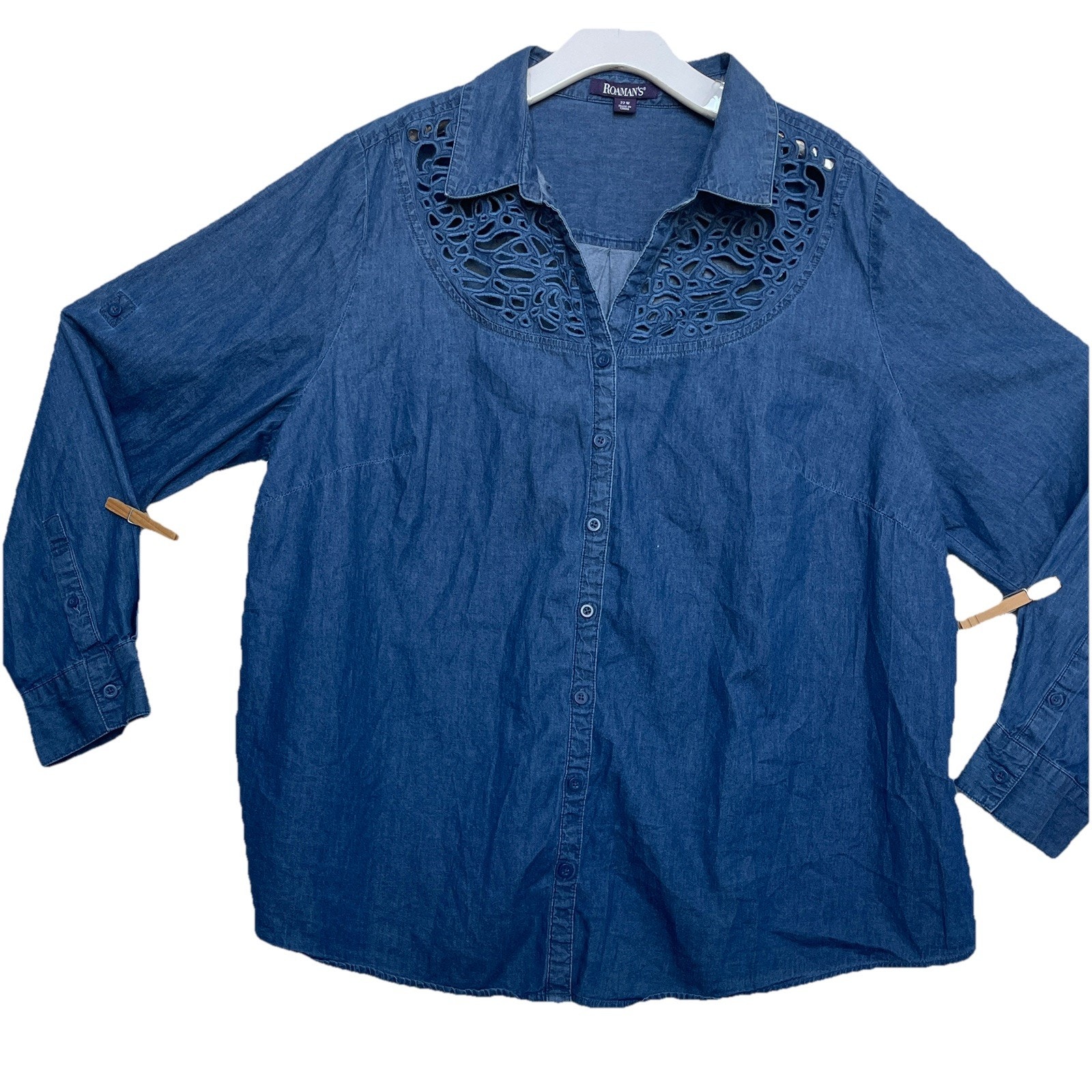 Roaman’s Roll Tab Denim Top Cut Outs 22w Blue Women Extra Large Blouse.